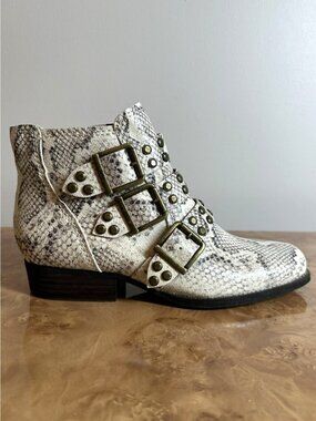 Zodiac Snakeskin Print Triple Buckle Studded Ankle Boots Women's Size 7.5 NWOB